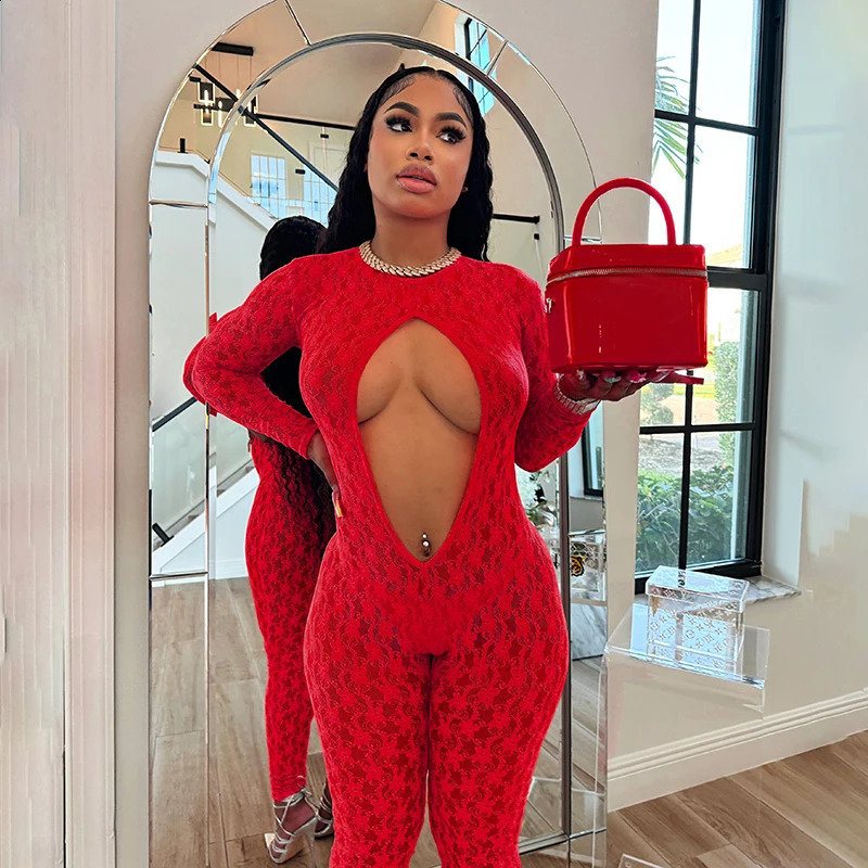 Sexy Mesh See Through Hollow Out Jumpsuits Women Long Sleeve Backless Pencil Pants Outfits Spring Fall Harajuku Y2K Clothes 250319