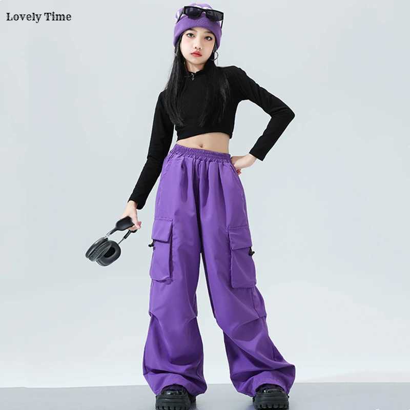 Girls K-pop Crop Top Colorful Joggers Pants Child Hip Hop Streetwear Cargo Pant Clothes Sets Kids Stage Girl Group Jazz CostumesT250318