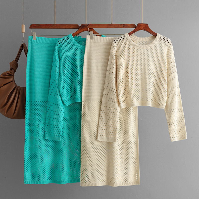 Women's 2024 new summer hollow knitted sweater long skirt fashion two-piece dress set
