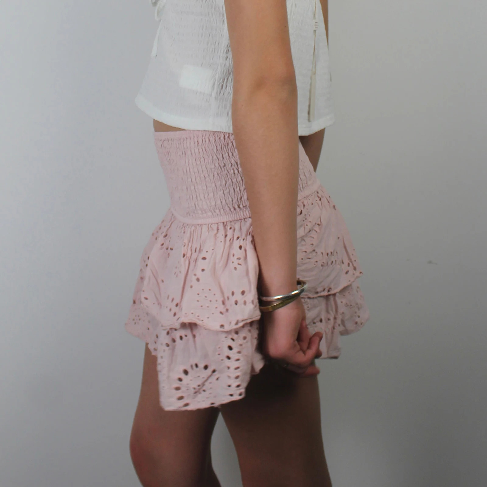 Women Sweet Skirts Shirred Mini Skirt A-Line Pointelle High Waist Layered Ruffle Skirt 250313