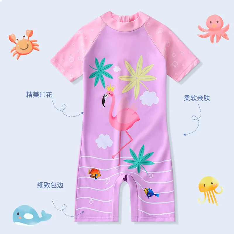 Childrens Short-Sleeved Cartoon Swimwear Beach Sunscreen Swimsuits Baby Boys and Girls One-Piece 250319