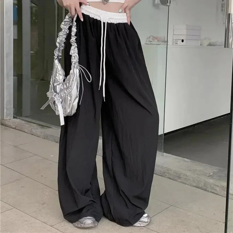 style color block elastic waist loose wide leg casual pants for womens summer texture curtains straight long fashion 250318