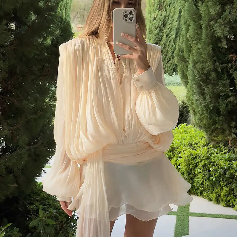 and elegant womens mini dress Vneck lace top long sleeved stacked hem Vestido 2025 clothing 250319
