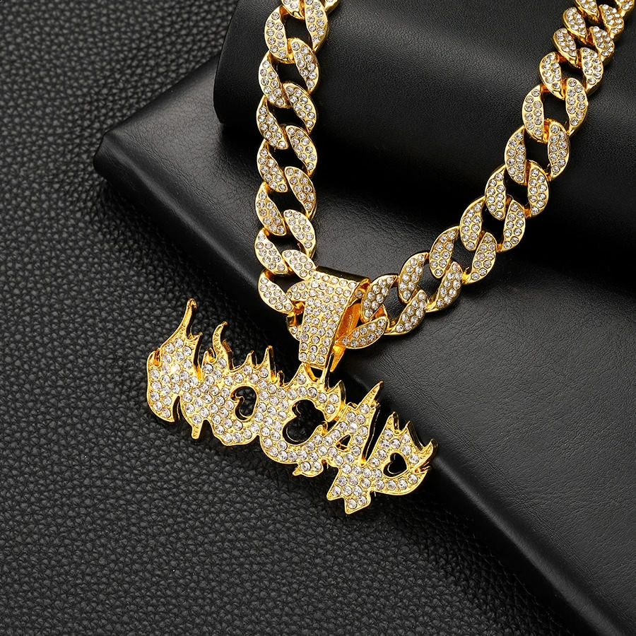 NL2119 Purple NOCAP Cuban Chain Jewelry Alloy and Rhinestone Hip Hop Flame Letter Pendant Necklace Rock Jewelry 250313
