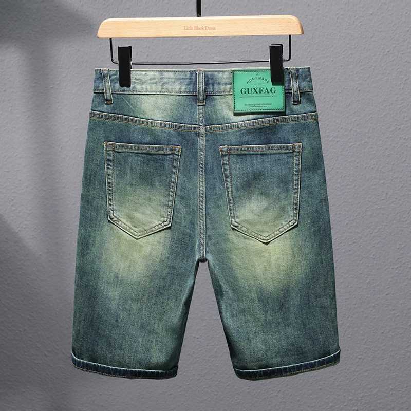 Retro green denim shorts mens summer stretch fashion brand loose straight American casual pleated cool shorts W250319