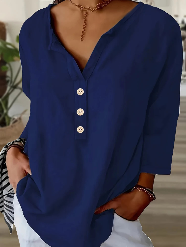 Plus size womens cotton button long sleeved pure casual loose Vneck shirt Tshirt top 250319
