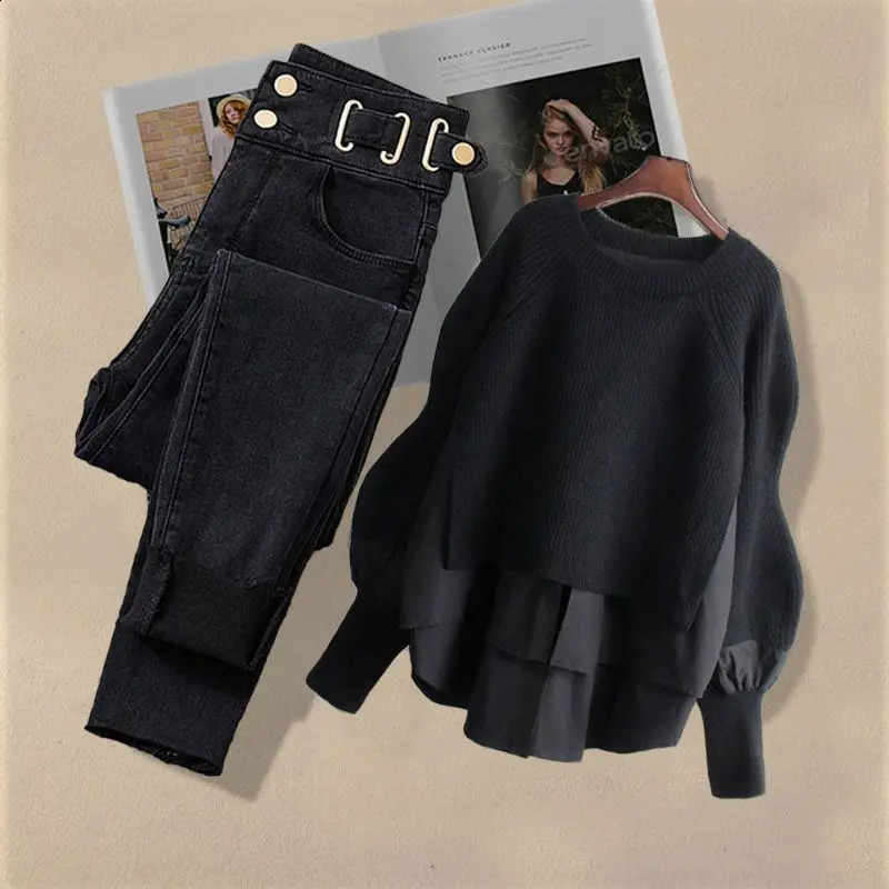 2025 Spring Autumn Vintage Jeans Matching Set Womens Korean Elegant Two Piece Knit SweaterHigh Waist Denim Pants Suit 250319