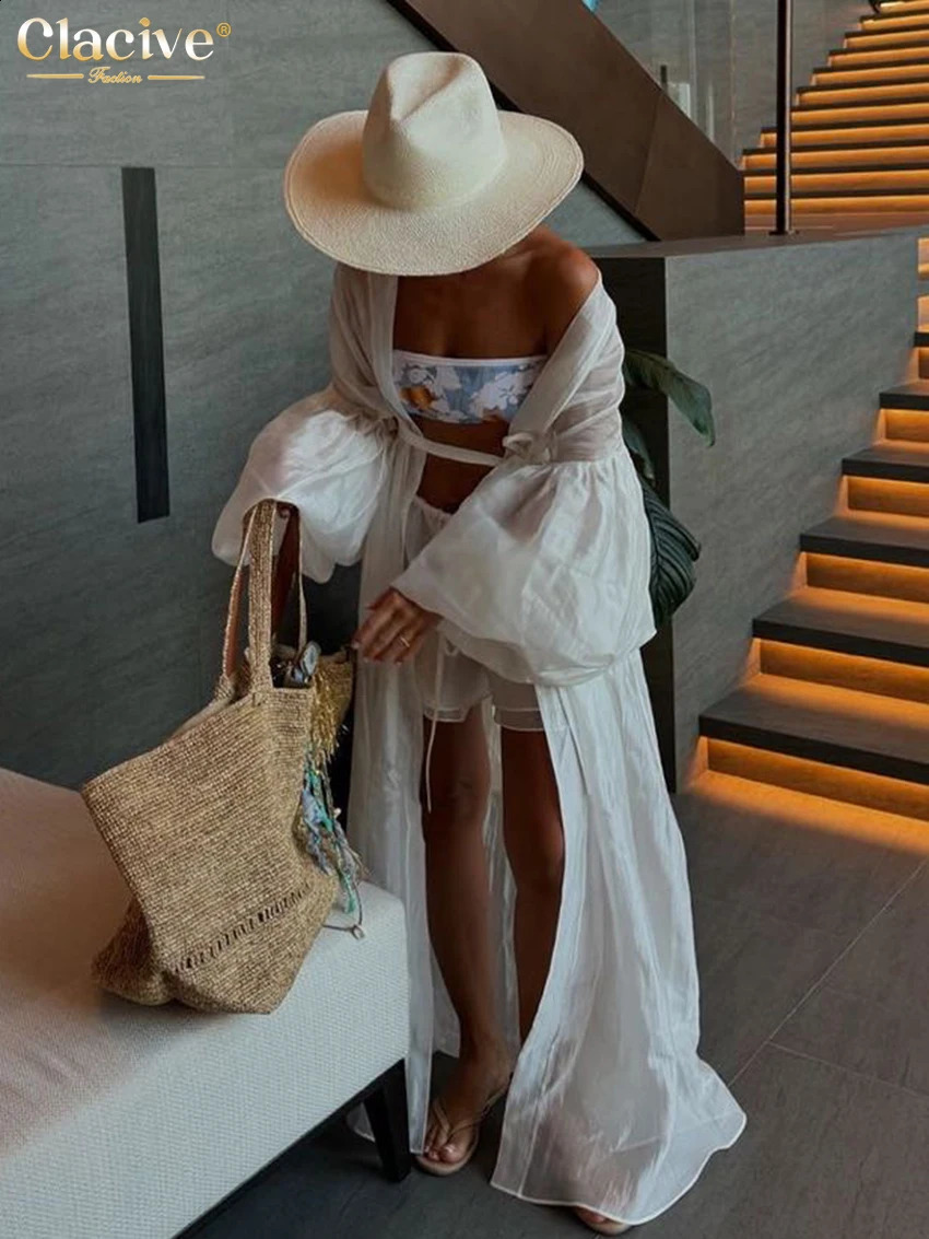 Clacive Casual Loose White 2 Piece Sets Women Outfit 2025 Elegant Long Sleeve Robes With Mid Waist Shorts Set Female Clothing 250319