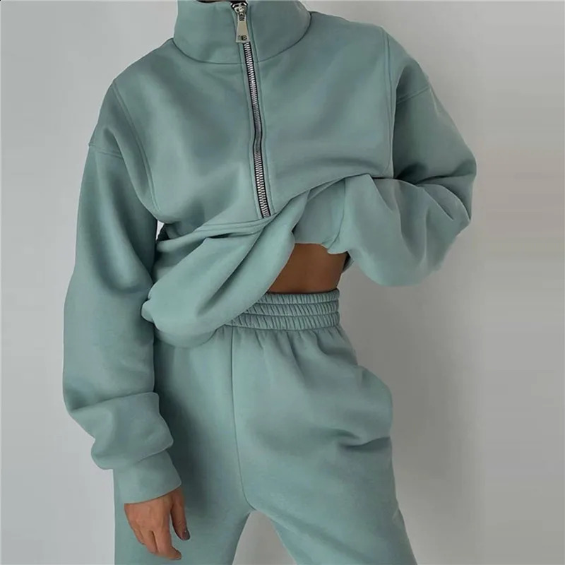 Womens track and field clothes casual stand up collar zipper sports shirt pants set twopiece womens autumn winter 250319