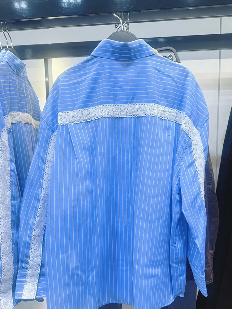 Womens Long sleeved Blue Striped Shirt Spring 2025 Office Casual Cutting Elegant Button Top 250319