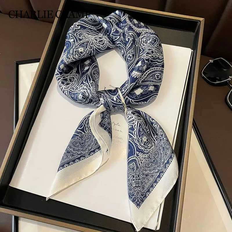 Square Scarf 70cm navy blue waist flower print silk gauze collar tie bag ribbon headscarf womens collar scarf gift X250319