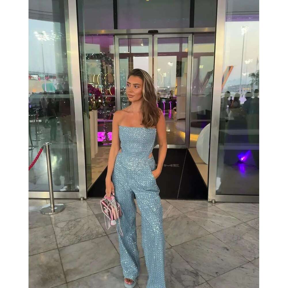 hoodie Tight Dress Fashion Sequins Denim Set Women Strapless Tunic Waist Crop Top And Wide Leg Pant Suit New 2 Piece Sets Outfits Tracksuit jacket