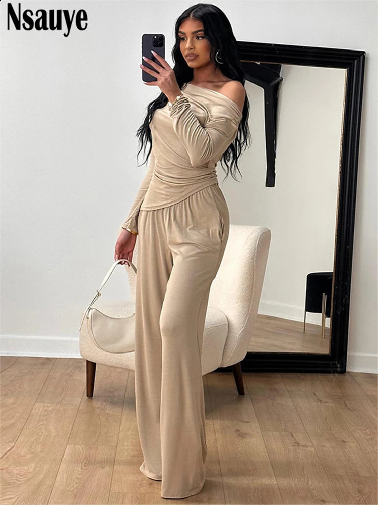 Nsauye Y2K Women Casual Autumn Tracksuit Long Pants Two Piece Set Ruched Streetwear Long Slevee Tops High Waisted Sexy Pants Set 250319