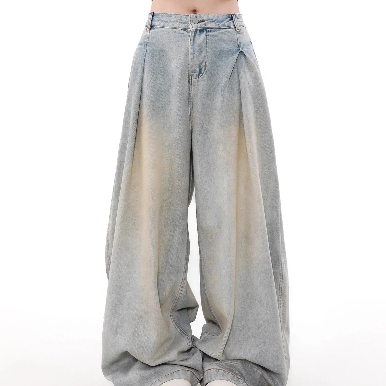 n sense American washed straight leg denim jeans foldable loose fit lazy style couple pants floor length long 250319