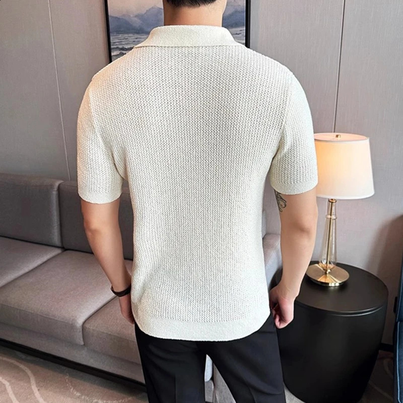 Summer white skeleton short sleeved T-shirt mens knitted V-neck polo shirt coffee color coffee zipper T-shirt 250318