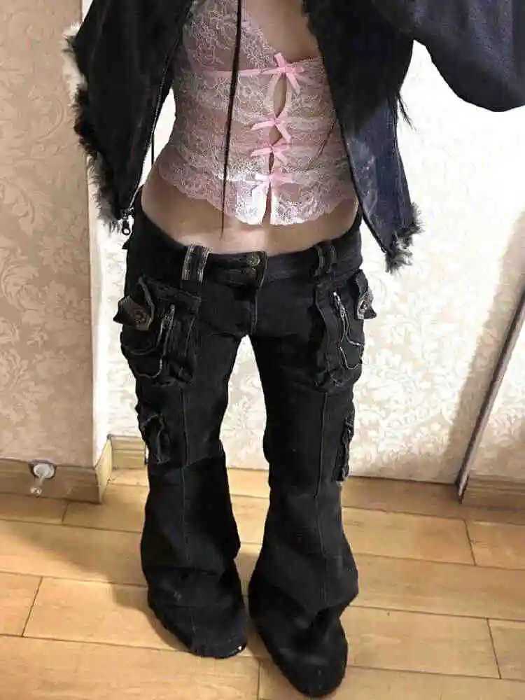 Women Gyaru Japanese Cyber Punk Bell-Bottom Harajuku Y2K Dark Academia Jeans Low Rise Flare Denim Pants Goblin Core HalloweenT250319