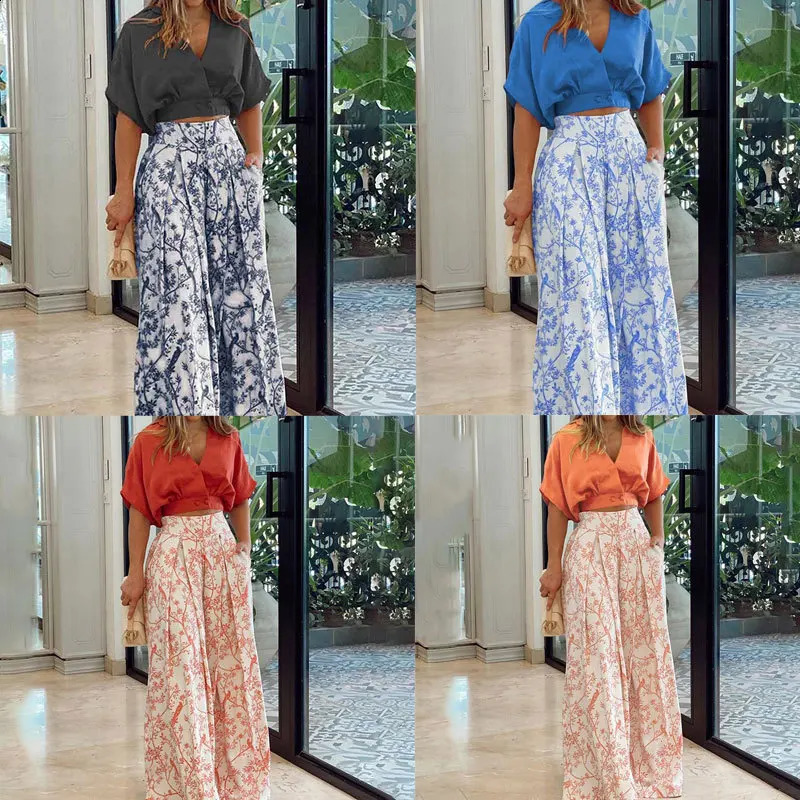 Casual and elegant office womens set summer deep Vneck short sleeved crop top elastic waist printed loose wide leg pants 2piece 250319