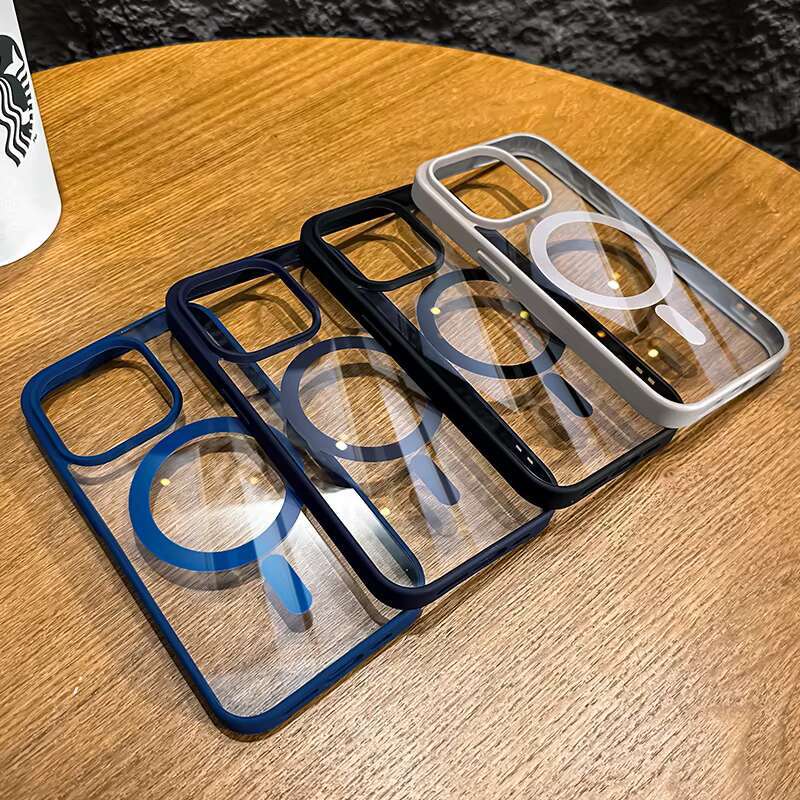 Shockproof Clear Transparent Phone Case for iPhone 12 13 14 15 16 Pro Max Wireless Charging Magnetic Back Cover Funda