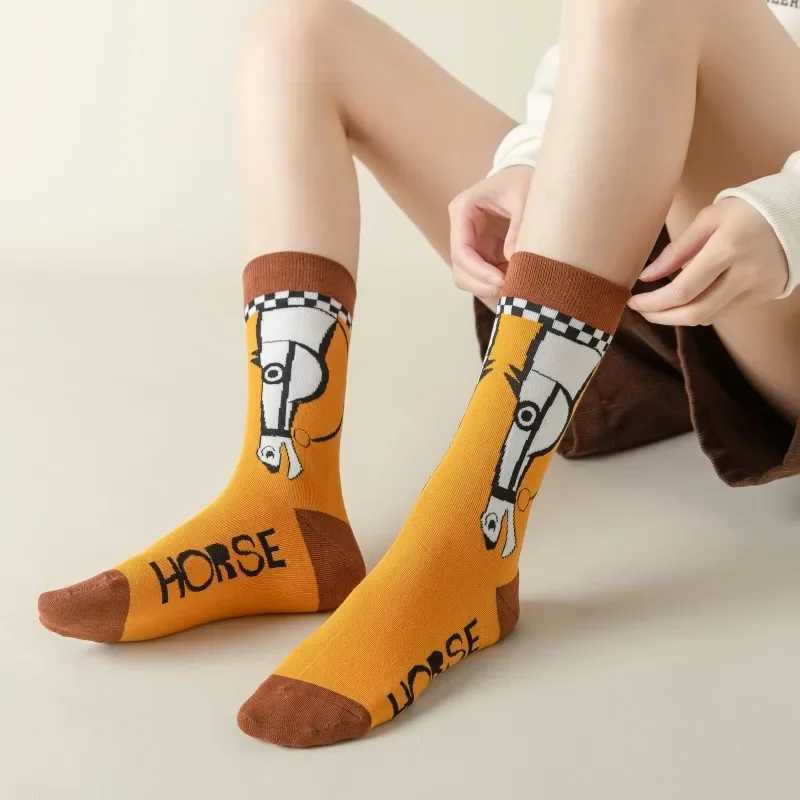 5 Pairs Cartoon Horse Print Socks Comfy Funny Mid Tube Socks Womens Stockings Hosiery X250319