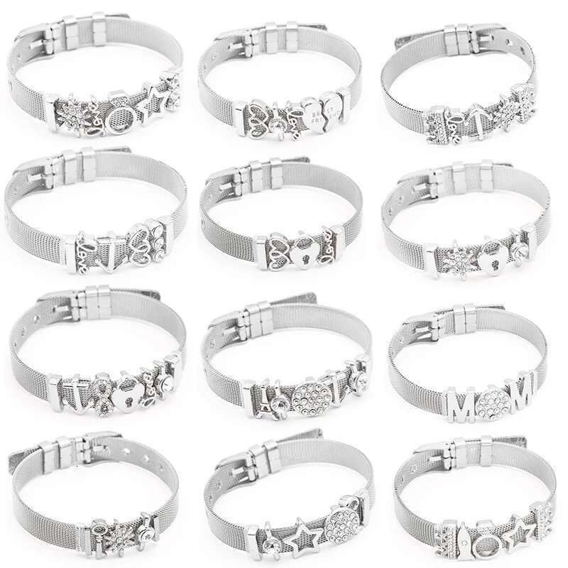 Jewelry Silver Color Stainless Steel Mesh Bracelets Bangles with Love Heart Slide Charms Bracelets for Women Lover Gift