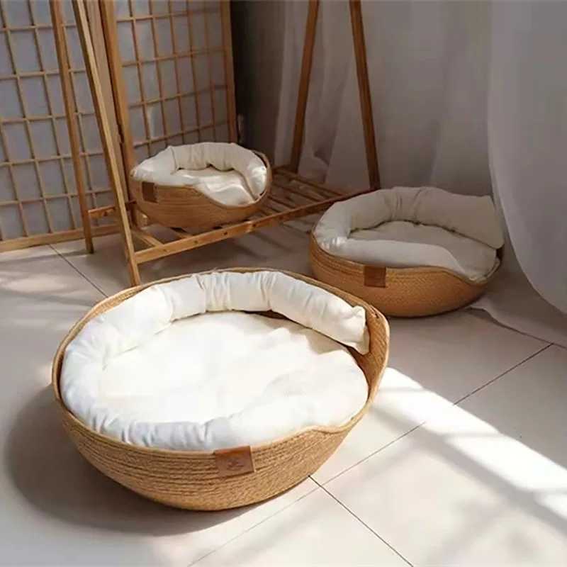Cat Kennel Puppy Beds Bamboo Weaving Waterproof Removable Cushion zleeping Mat Four zeason Cozy Nest Baskets Pet ProductCL