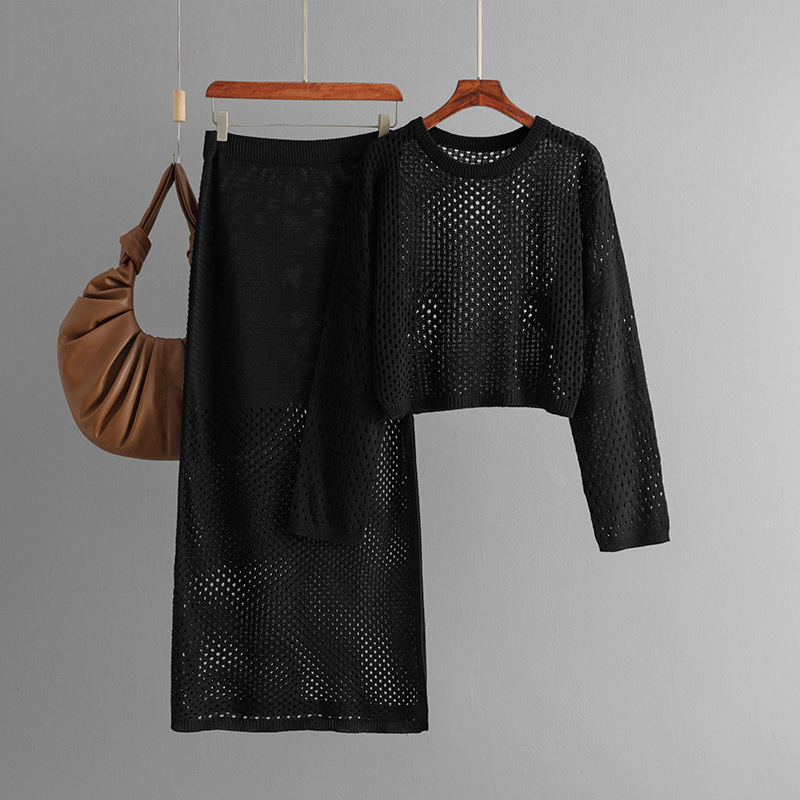 Women's 2024 new summer hollow knitted sweater long skirt fashion two-piece dress set