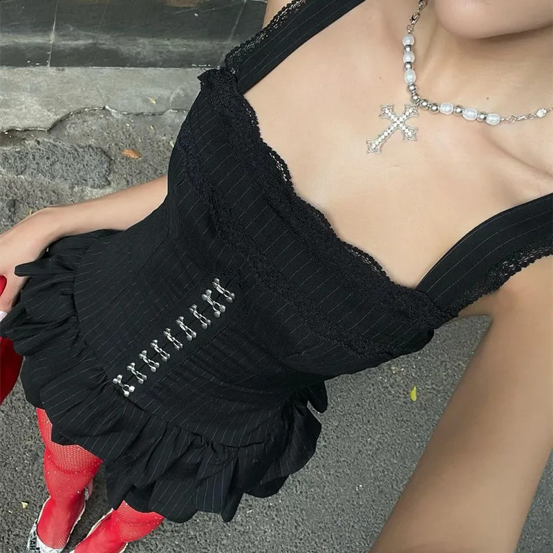 Y2k Stacked Rufflies Mini Dress For Women Classic Hipster Patchwork Suspendency Skinny Vestidos Female Summer Streetwear 250319
