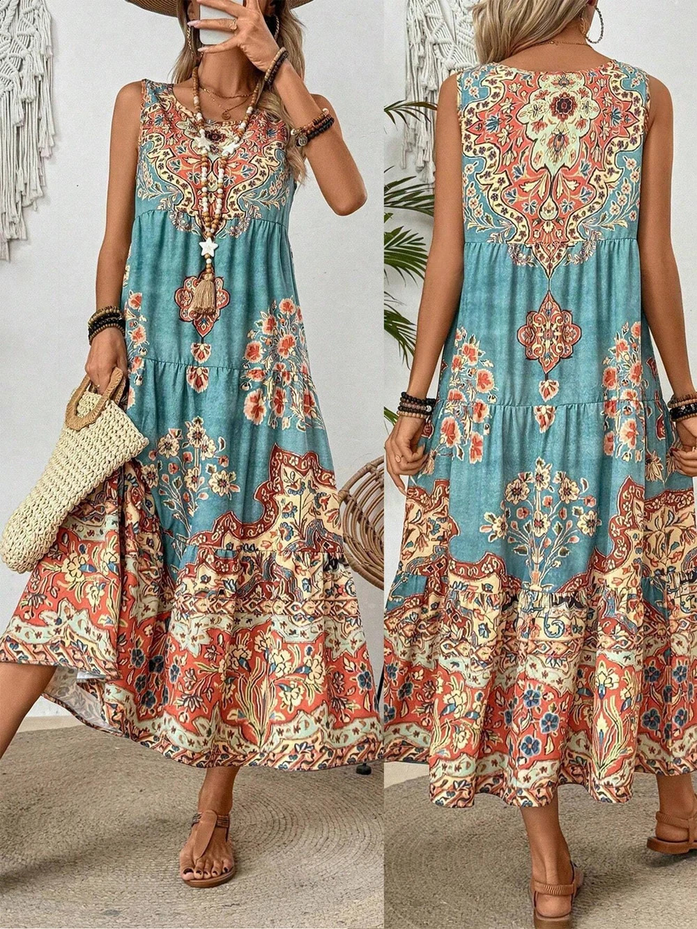 Summer printed collarless womens clothing suitable for leisure or beach suitable for holidays and long vacations 250317