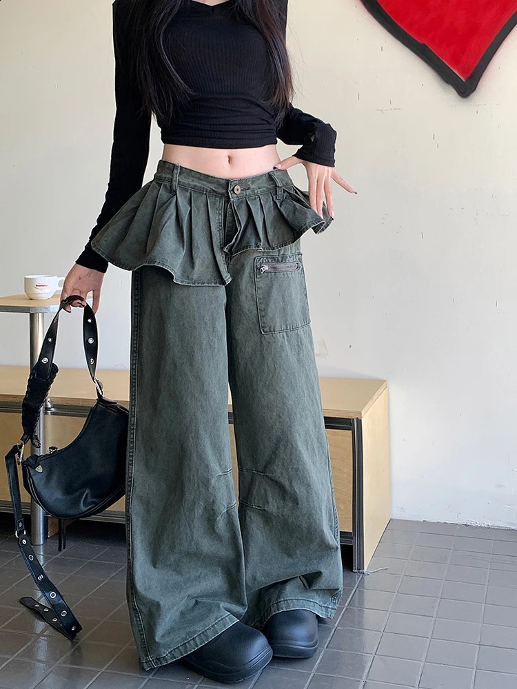 Korean retro high waisted pleated leather case wide leg Trouser Y2K womens bagged denim pants 250317