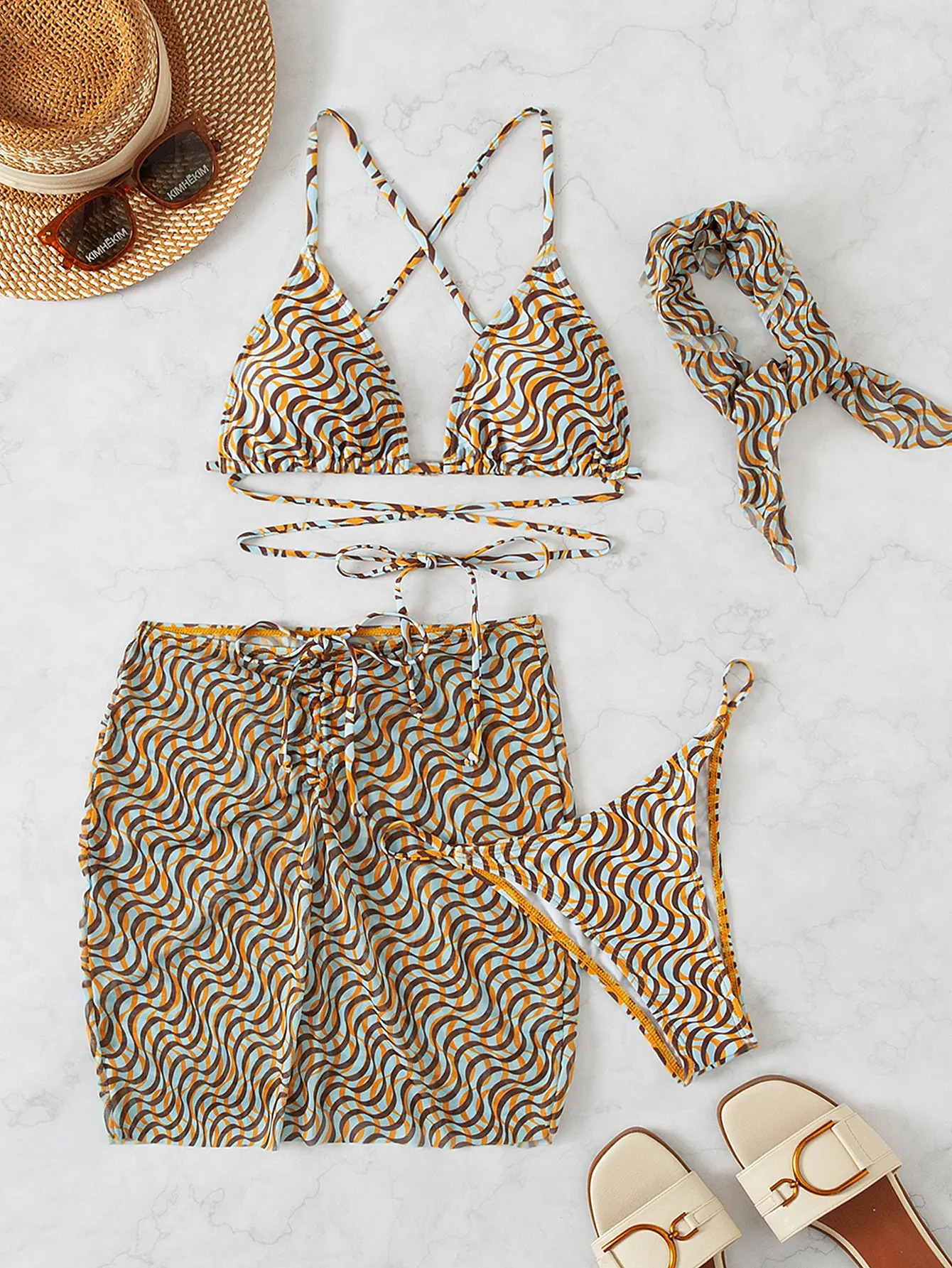 4 Pieces Lace Up Triangle Bikini Set Swimsuit With Bandana Beach Skirt Sexy Swimwear Women Bathing Swimming Suit Female 250314