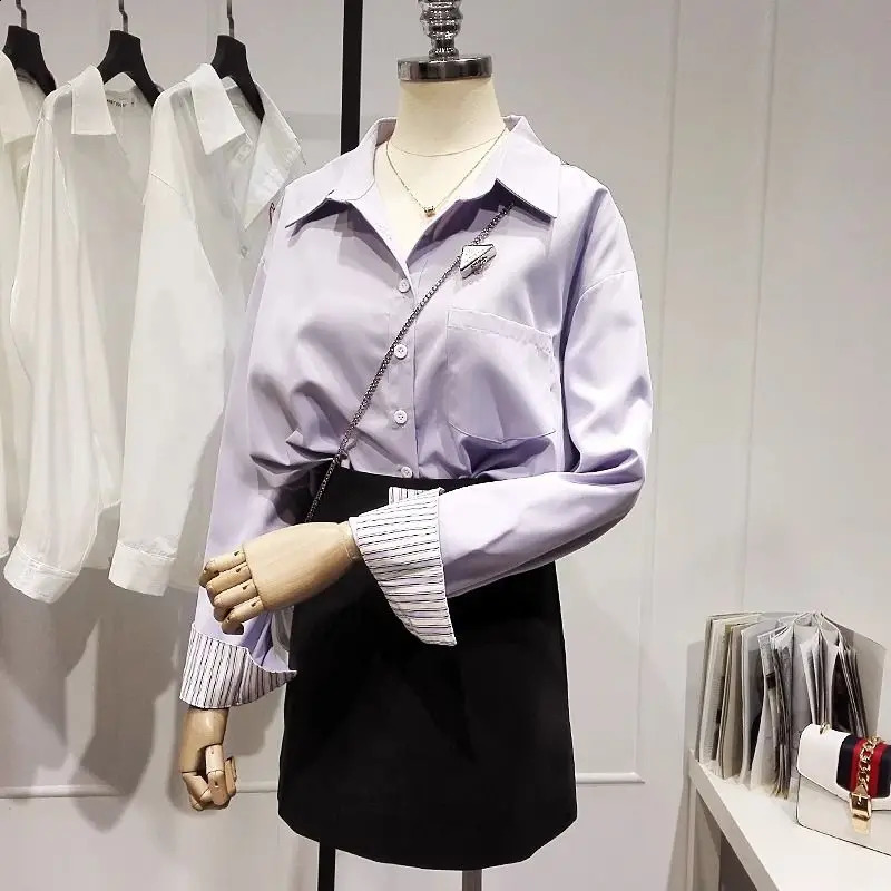 Casual fashionable elegant hem collar striped purple patchwork work long sleeved young womens loose shirt and top 250319