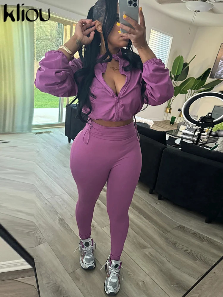 kliou Autumn Casual Women 2 Piece Set Classic Solid Long Sleeve Drawstring Zip-up CoatsSlim Pants Female Basic Sporty Outfits 250319