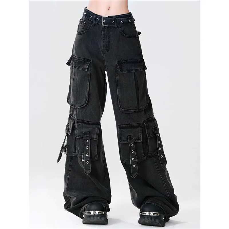 American retro hip-hop high waisted straight jeans 2024 autumn womens casual Y2K Grunge street pocket denim TrouserT250319
