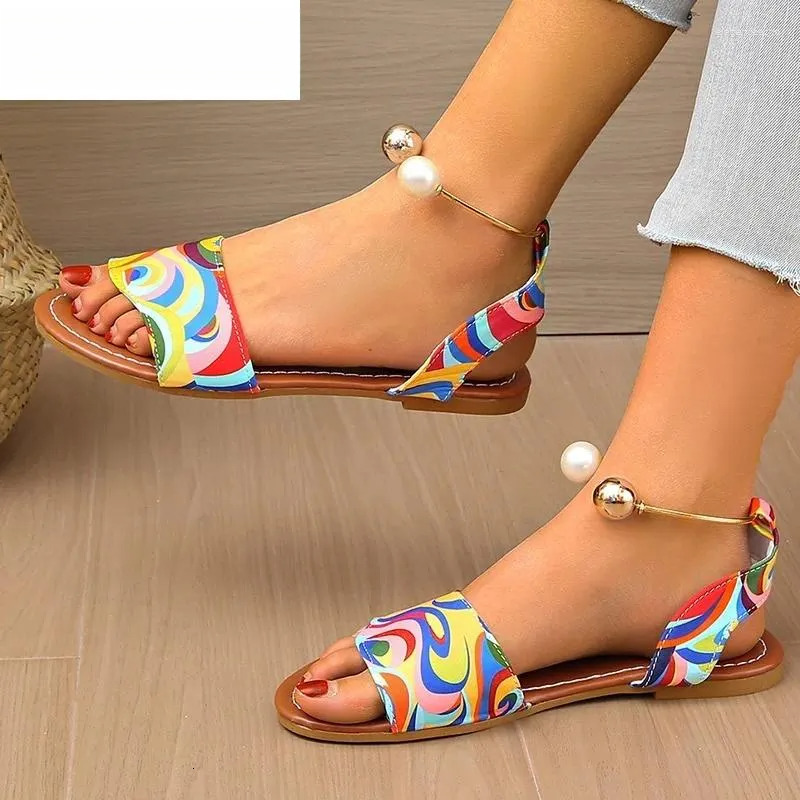 2025 S Fashion Designer Sandals Random Print Trend Beaded Women Flats Beach Shoes Summer Bohemian Casual Outdoor Dress Sandalias