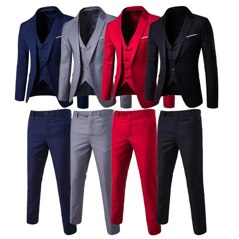 Korean Style Men Blazer Vest Pants Set Casual Business Buttons Cuff Trousers Suit Wedding Groom Formal 250311