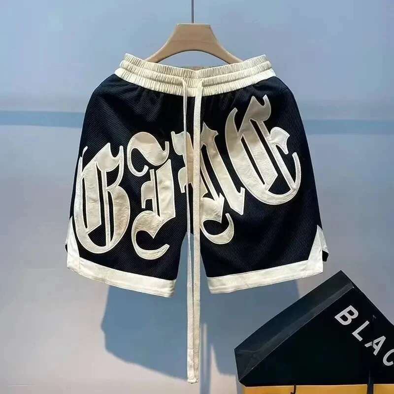 Y2k Casual Letter Embroidery Basketball Clothing Street Vintage Color Contrast Loose Sweatpant Men Shorts Pant