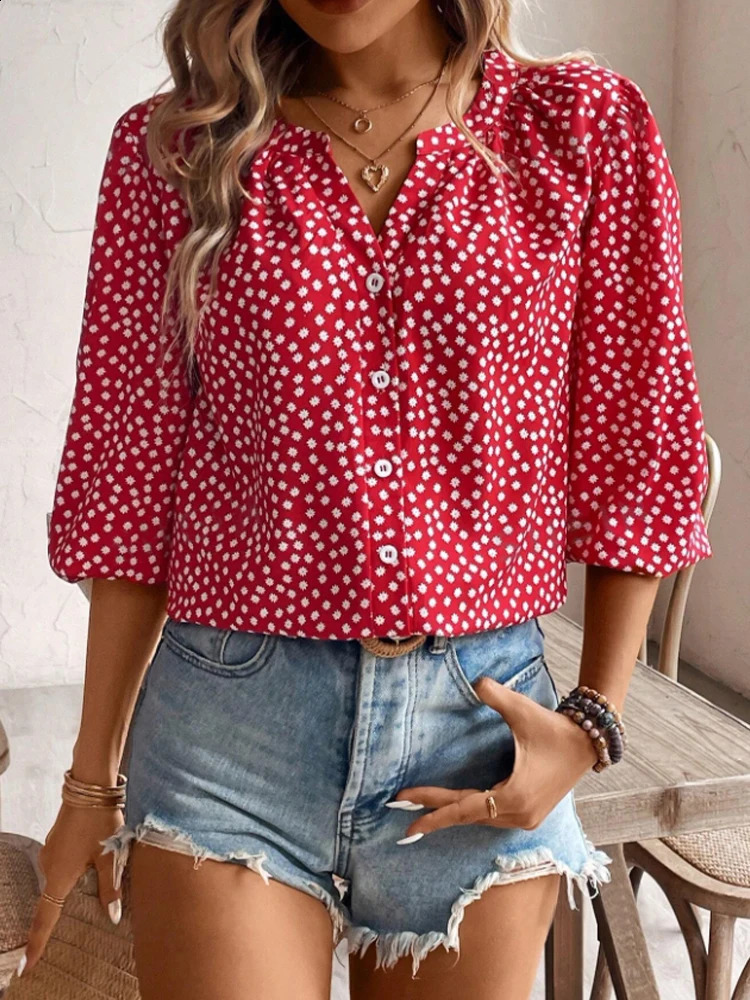 Womens vacation style spring and summer Vneck button up mid sleeve slit n single row down casual top 250319