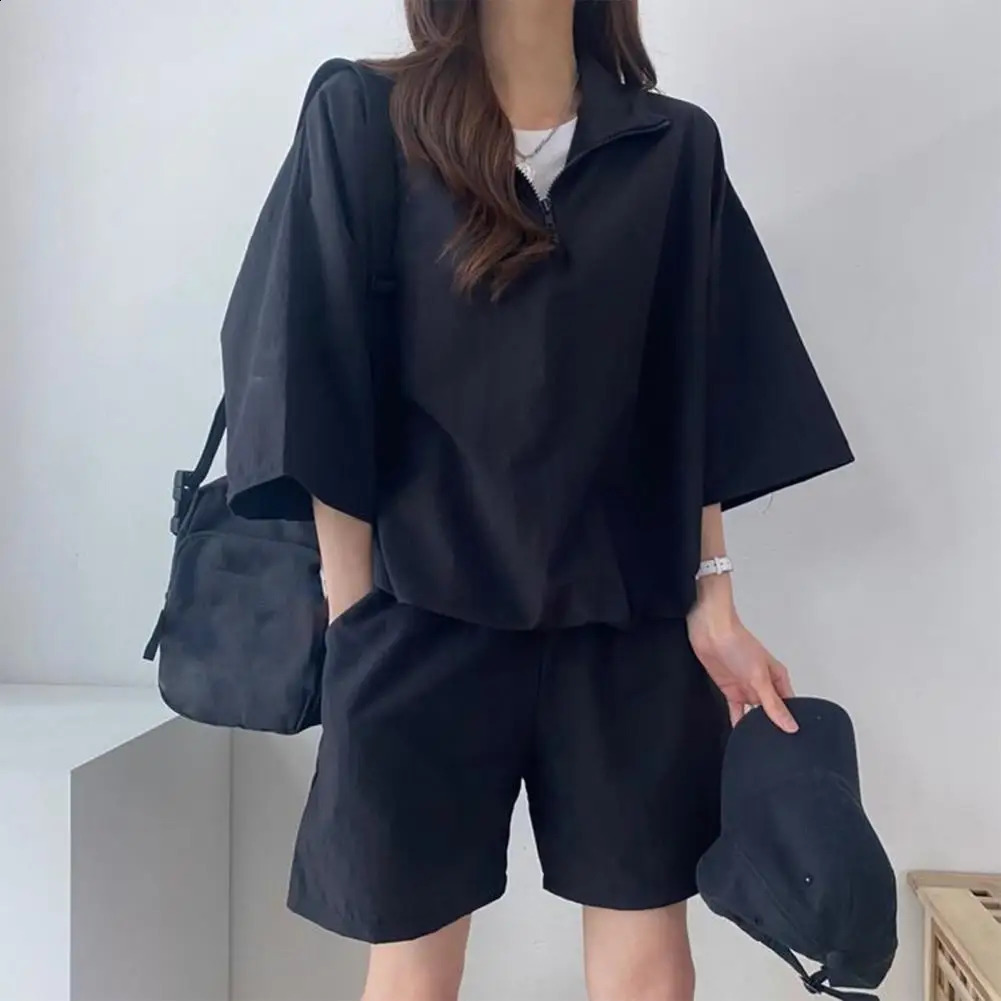 Women Top Shorts Suit Womens Zipper Neck Tracksuit Set with Oversized Top Shorts Solid Color Loose Fit Turn-down for Female 250318