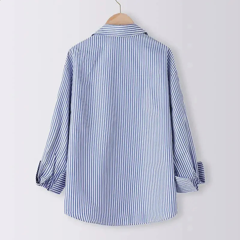 Womens SpringSummer Shirt Fashion Casual Long Sleeve Collar Blue Stripe Top 250318