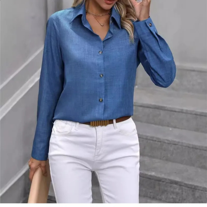 Ladies Fashion Spring And Autumn Solid Color Button Single Breasted Office Shirt Elegant Long Sleeved Collar Blouse 250319