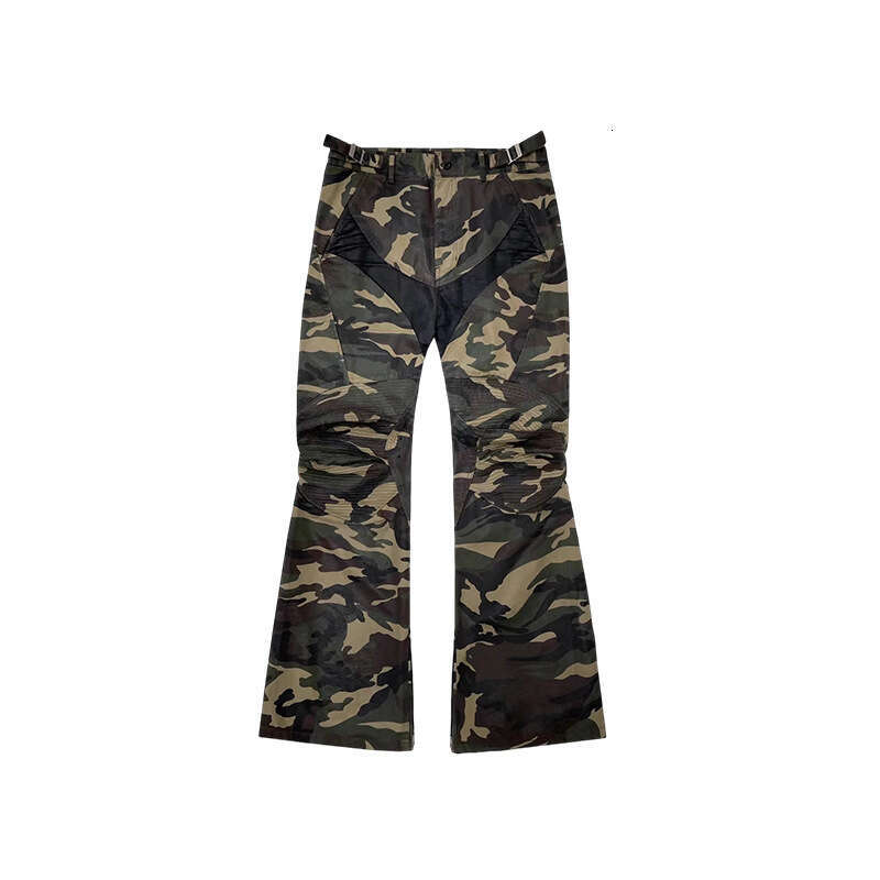 Grailz Paris style motorcycle micro brushed wax splicing camouflage men's trendy brand knee pleated American workwear pants