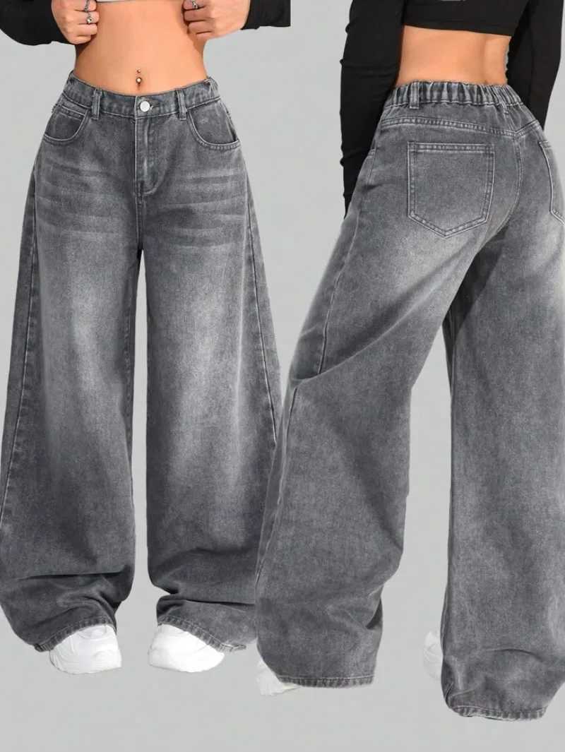 American New Fashion Solid Color Bag Wash Jeans Y2K Street Clothing Retro Fashion Clown Mens and Womens High Waist Wide Leg PantsT250319
