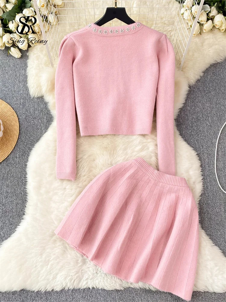 SINGREINY Japan Style Pearls Knit Suits Hidden Breasted Pockets CardiganMini Pleated A Line Skirt Women Sweet Streetwear Sets 250319