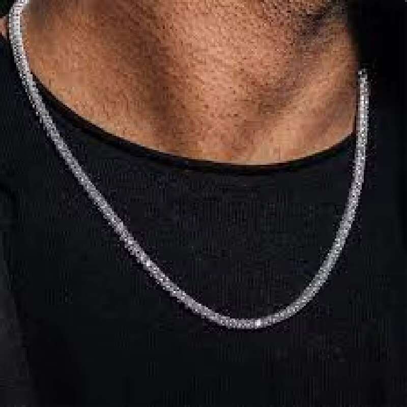 17.5ctw Ice Cold Hip Hop 3mm Necklace 22 inch Sier Plated Moissanite Men's Tennis Chain