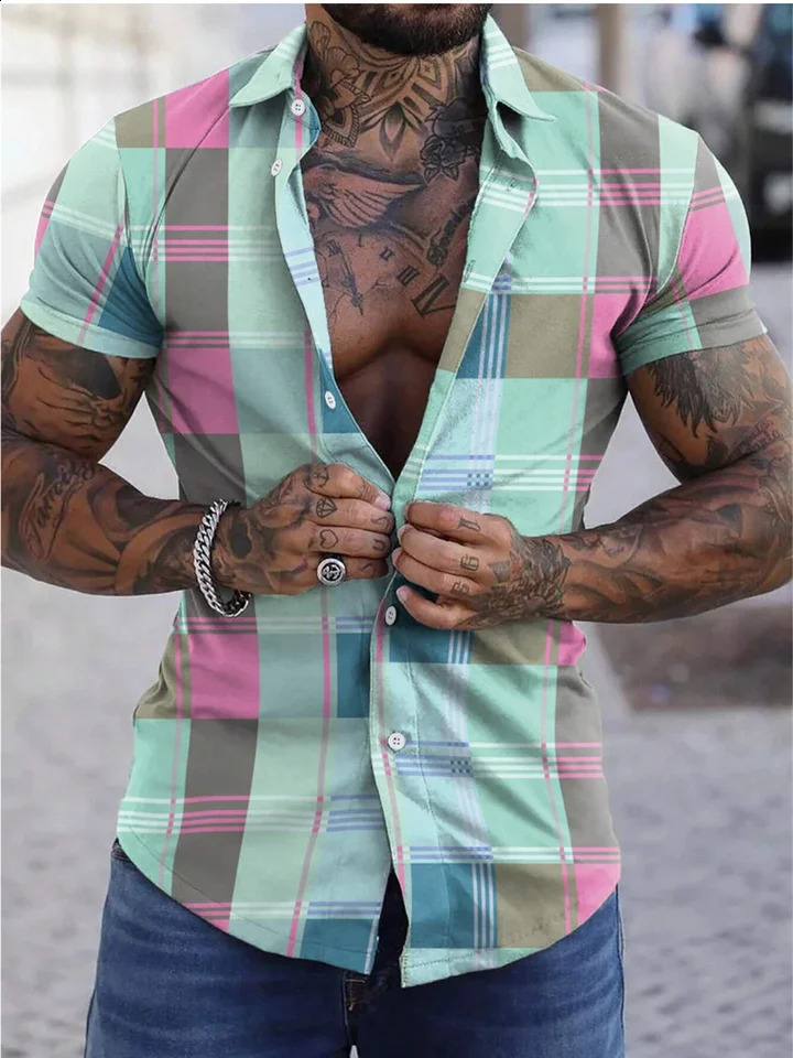 Colorful checkeredcheckered casual mens shirt suitable for daily wear weekend outings summer collar short sleeved 5XL quick 250317