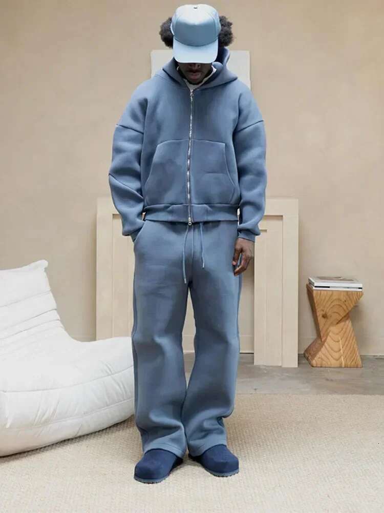 American Fashion Solid Color Fleece Oversized Sweatshirt Men's Two-Piece Y2k Haruku Hip-Hop Gothic Joker Slacks Jogging Pants