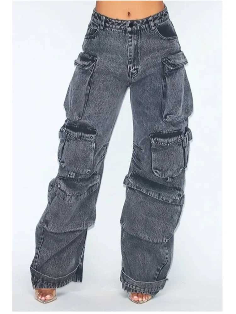 Solid color multi pocket loose jeans womens street retro hip-hop wide leg pants casual straight high waist jeans womenT250319