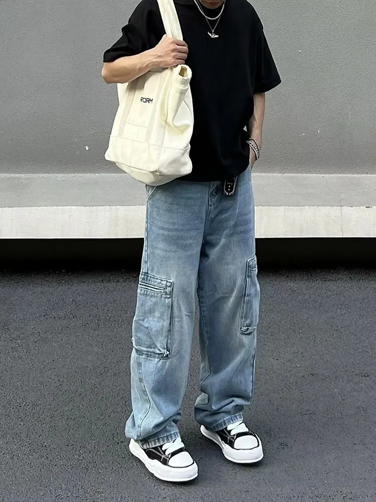 Ropa Y2K Fashion Multi Pocket Laundry Blue Pocket Jeans Mens Cargo Pants 90s Retro Clothing Straight Denim Trouser 250317