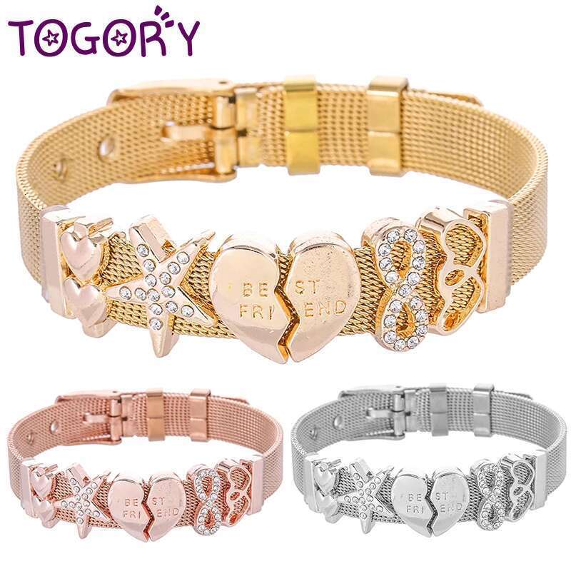 High Quality Stainless Steel Mesh Bracelets With BEST FRIEND Crystal Charm Fine Bracelets Bangles As Friend Women Gift