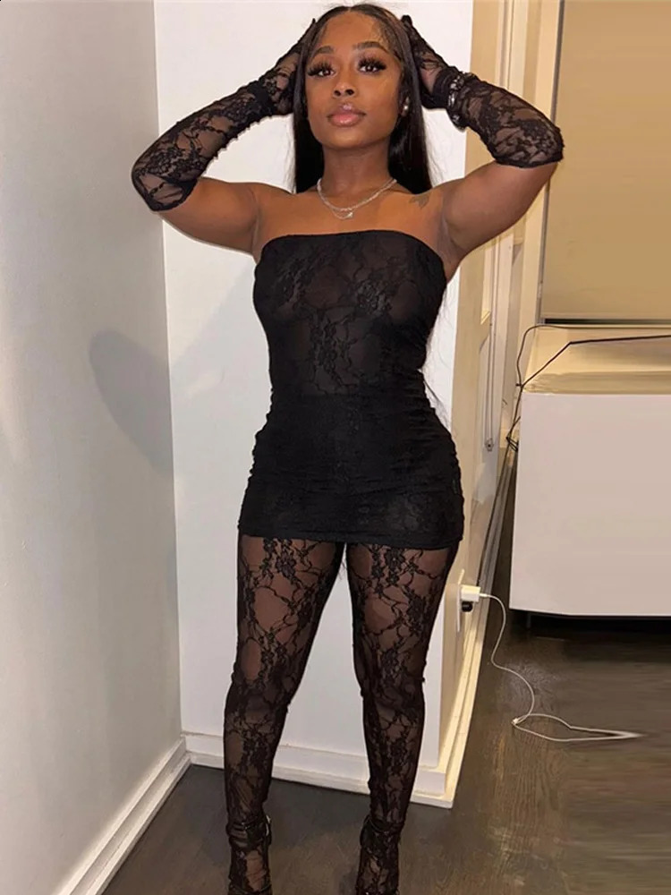 Weird Puss Sexy Lace Women 2Piece Set Tube DressSee Through Stockings Coquette Girls Club Nightout Party Matching Outfits 250319